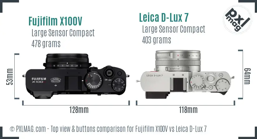 Fujifilm X100V vs Leica D-Lux 7 top view buttons comparison