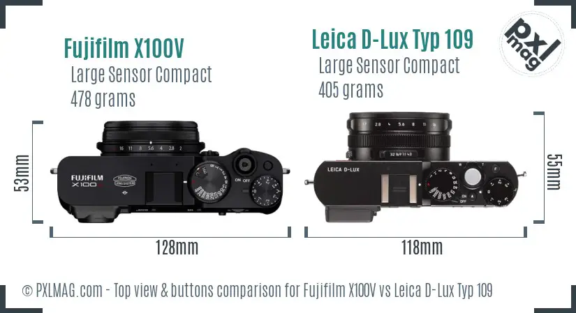 Fujifilm X100V vs Leica D-Lux Typ 109 top view buttons comparison