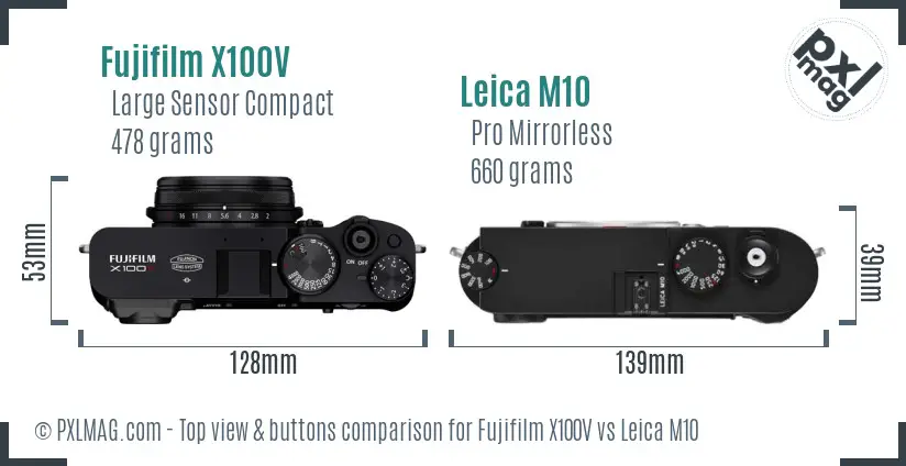 Fujifilm X100V vs Leica M10 top view buttons comparison
