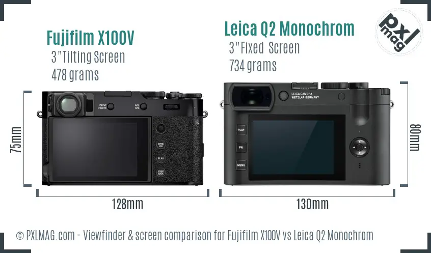 Fujifilm X100V vs Leica Q2 Monochrom Screen and Viewfinder comparison