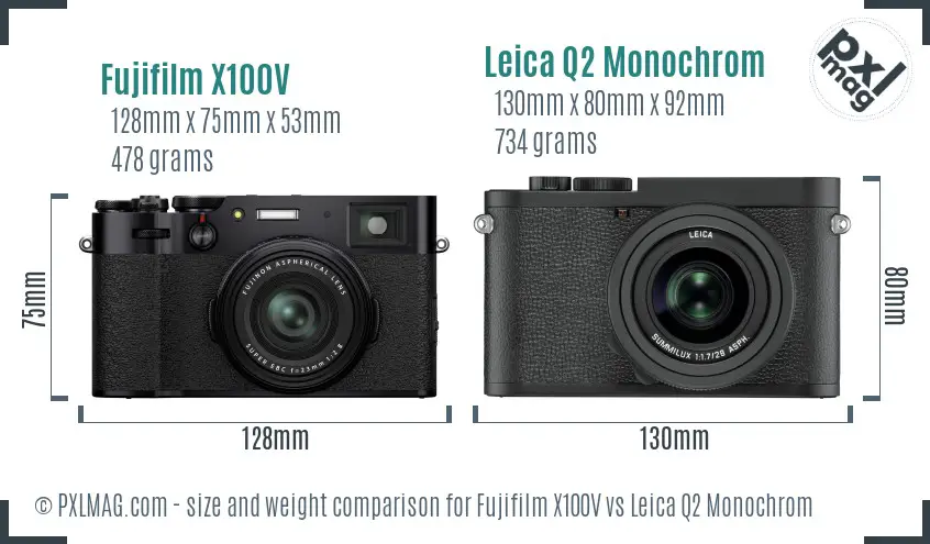 Fujifilm X100V vs Leica Q2 Monochrom size comparison