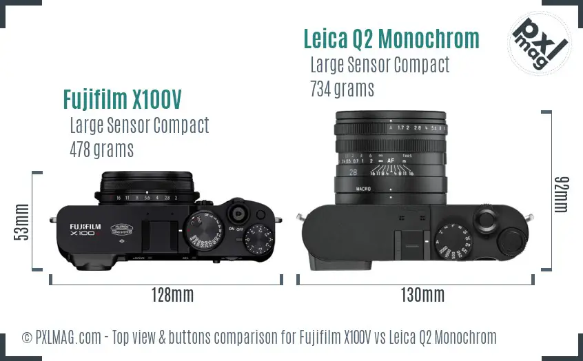Fujifilm X100V vs Leica Q2 Monochrom top view buttons comparison