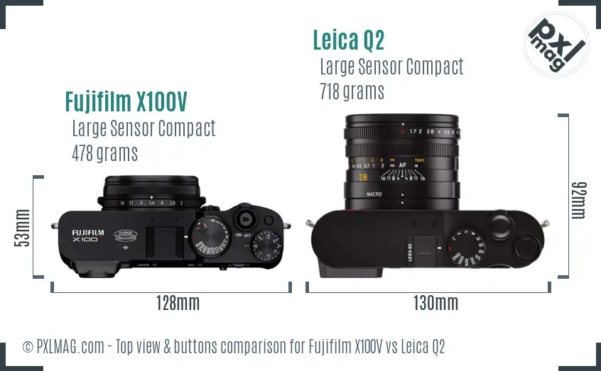 Fujifilm X100V vs Leica Q2 top view buttons comparison