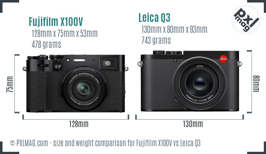 Fujifilm X100V vs Leica Q3 size comparison