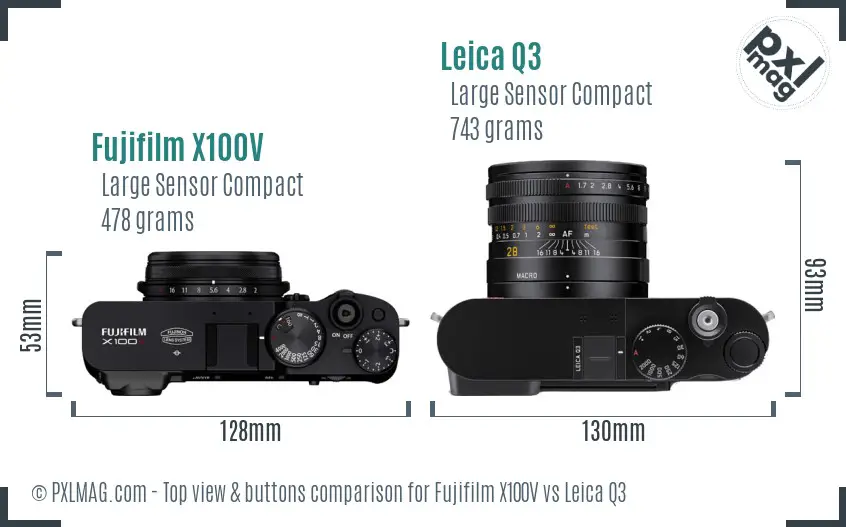 Fujifilm X100V vs Leica Q3 top view buttons comparison