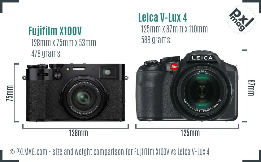 Fujifilm X100V vs Leica V-Lux 4 size comparison