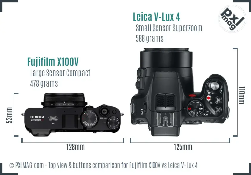 Fujifilm X100V vs Leica V-Lux 4 top view buttons comparison
