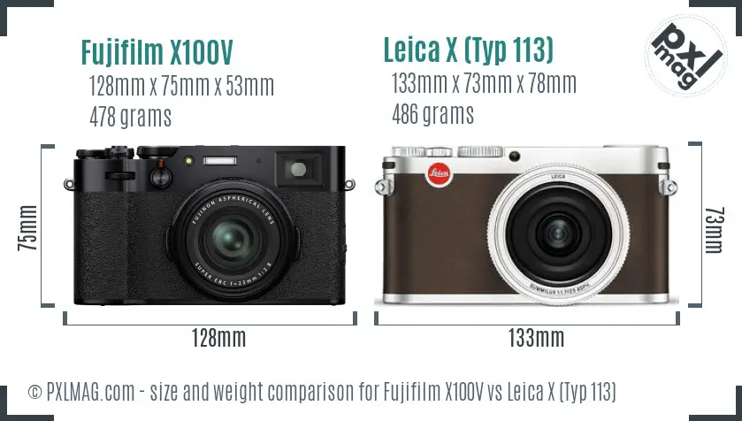 Fujifilm X100V vs Leica X (Typ 113) size comparison