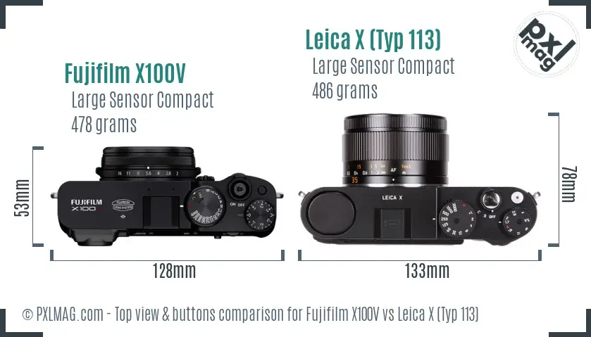 Fujifilm X100V vs Leica X (Typ 113) top view buttons comparison