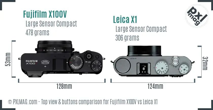 Fujifilm X100V vs Leica X1 top view buttons comparison
