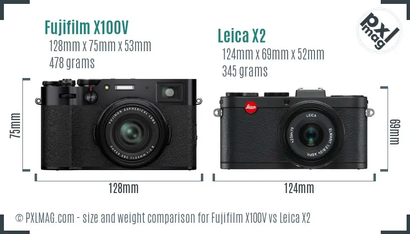 Fujifilm X100V vs Leica X2 size comparison