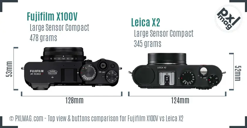 Fujifilm X100V vs Leica X2 top view buttons comparison