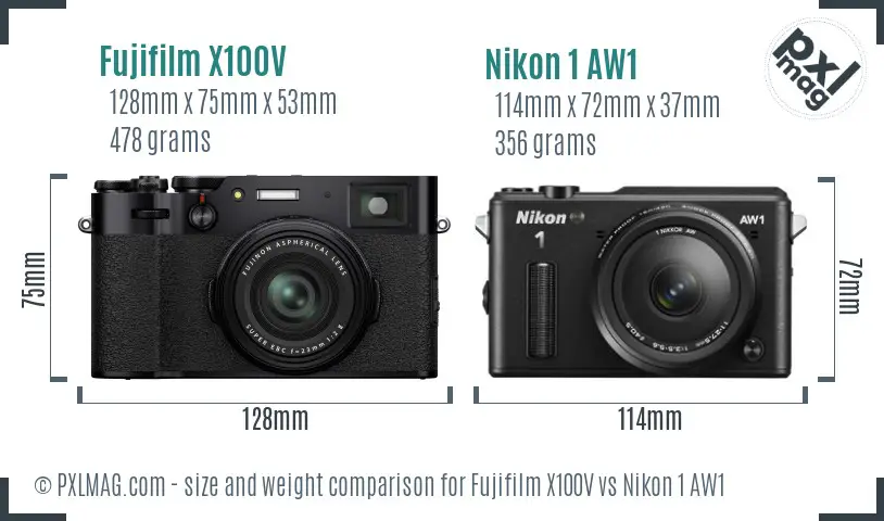 Fujifilm X100V vs Nikon 1 AW1 size comparison Fujifilm X100V vs Nikon 1 AW1 size comparison