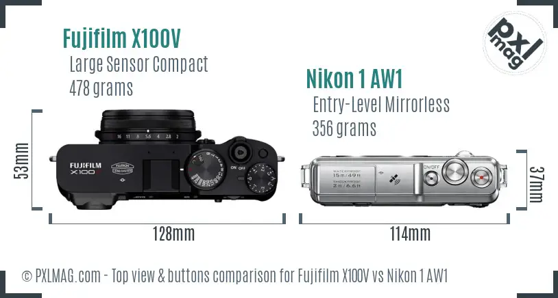 Fujifilm X100V vs Nikon 1 AW1 top view buttons comparison Fujifilm X100V vs Nikon 1 AW1 top view buttons comparison