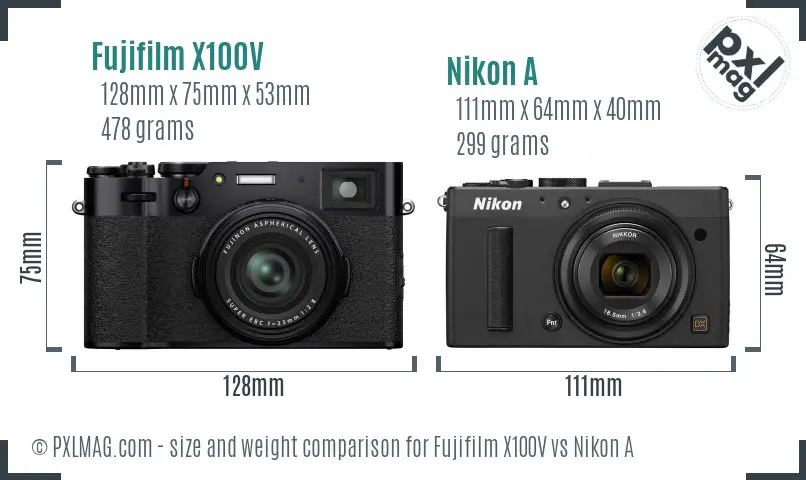 Fujifilm X100V vs Nikon A size comparison