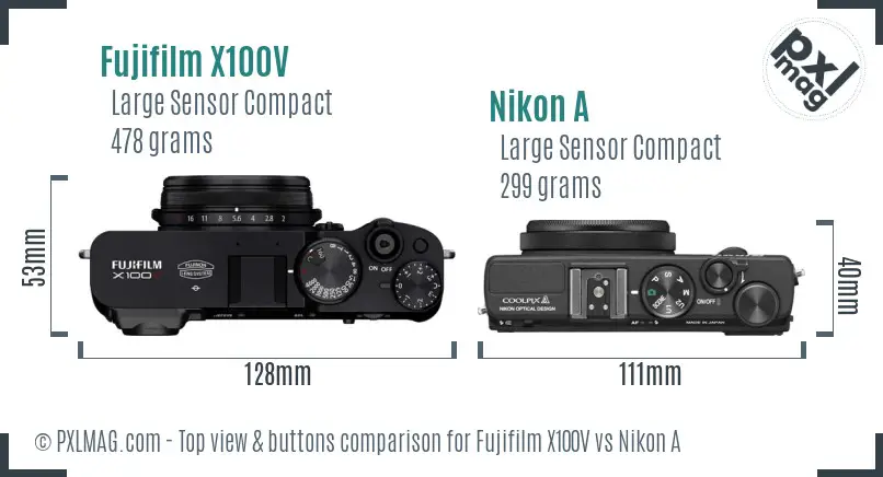 Fujifilm X100V vs Nikon A top view buttons comparison
