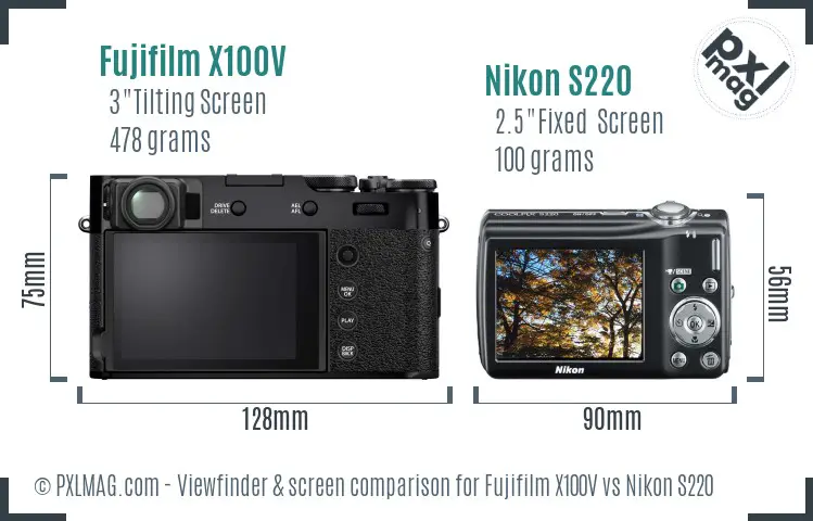 Fujifilm X100V vs Nikon S220 Screen and Viewfinder comparison
