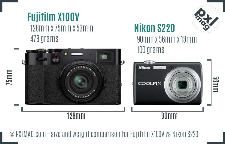 Fujifilm X100V vs Nikon S220 size comparison