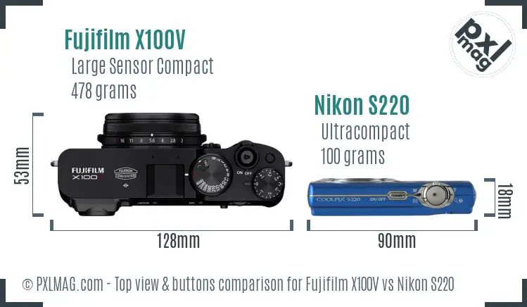 Fujifilm X100V vs Nikon S220 top view buttons comparison
