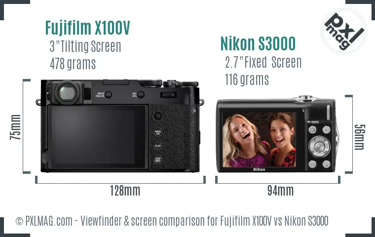 Fujifilm X100V vs Nikon S3000 Screen and Viewfinder comparison