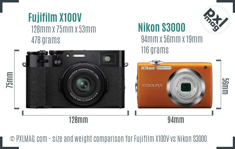 Fujifilm X100V vs Nikon S3000 size comparison
