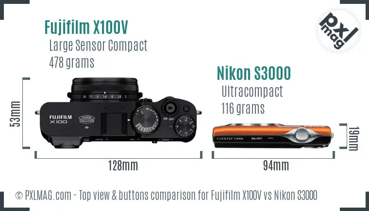 Fujifilm X100V vs Nikon S3000 top view buttons comparison