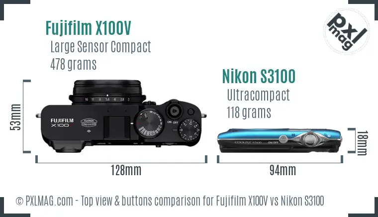 Fujifilm X100V vs Nikon S3100 top view buttons comparison Fujifilm X100V vs Nikon S3100 top view buttons comparison