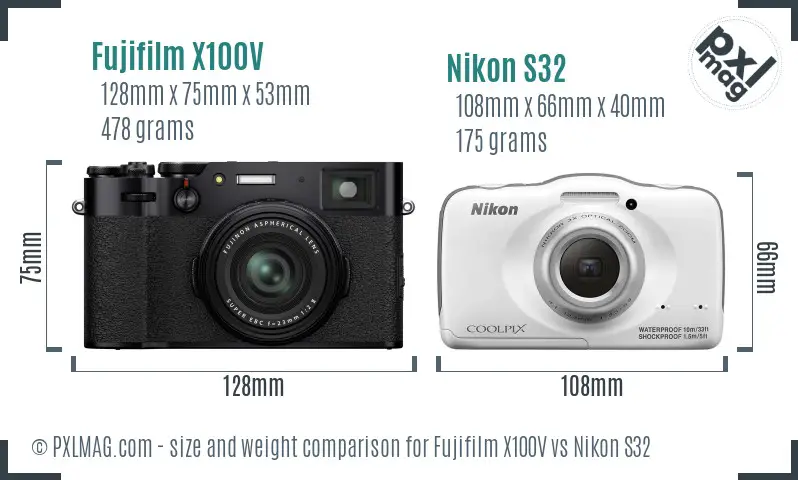 Fujifilm X100V vs Nikon S32 size comparison
