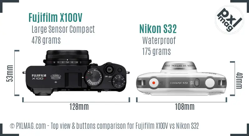 Fujifilm X100V vs Nikon S32 top view buttons comparison