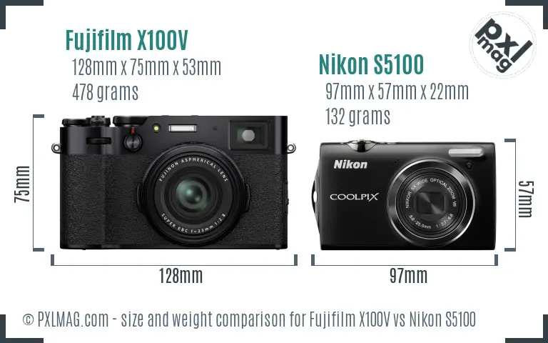 Fujifilm X100V vs Nikon S5100 size comparison