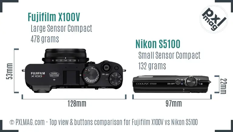 Fujifilm X100V vs Nikon S5100 top view buttons comparison