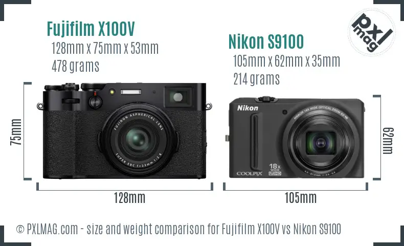 Fujifilm X100V vs Nikon S9100 size comparison Fujifilm X100V vs Nikon S9100 size comparison