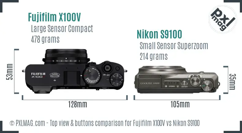 Fujifilm X100V vs Nikon S9100 top view buttons comparison Fujifilm X100V vs Nikon S9100 top view buttons comparison