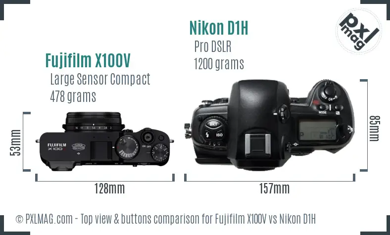 Fujifilm X100V vs Nikon D1H top view buttons comparison Fujifilm X100V vs Nikon D1H top view buttons comparison