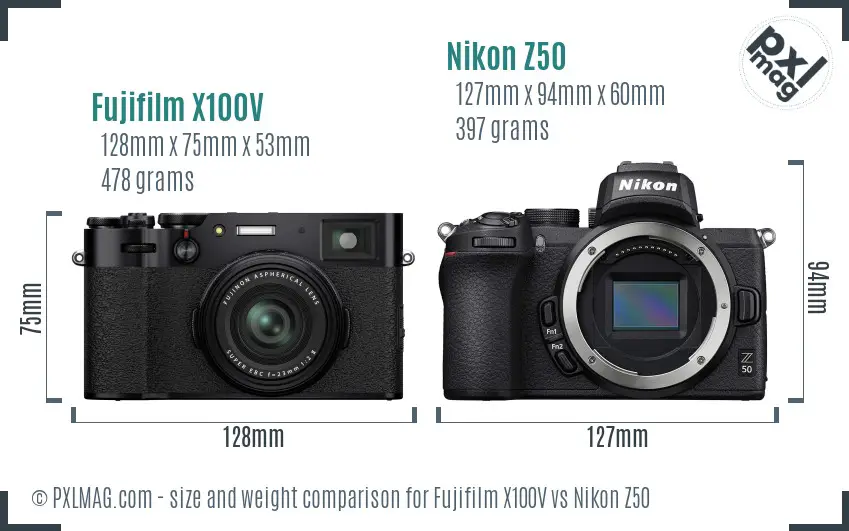 Fujifilm X100V vs Nikon Z50 size comparison