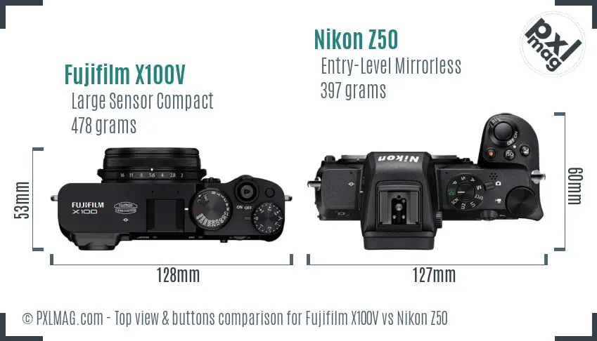 Fujifilm X100V vs Nikon Z50 top view buttons comparison