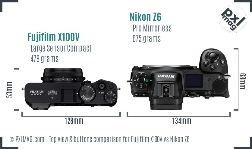 Fujifilm X100V vs Nikon Z6 top view buttons comparison