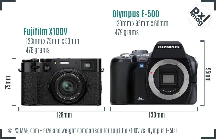Fujifilm X100V vs Olympus E-500 size comparison Fujifilm X100V vs Olympus E-500 size comparison