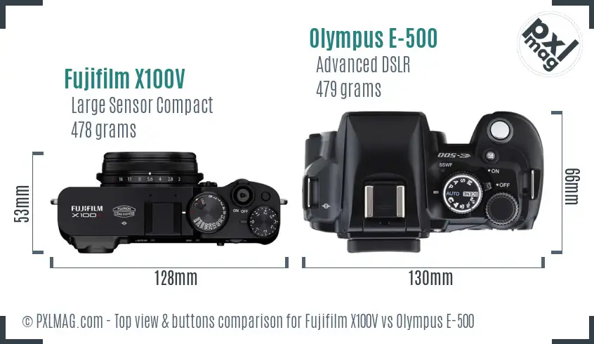 Fujifilm X100V vs Olympus E-500 top view buttons comparison Fujifilm X100V vs Olympus E-500 top view buttons comparison