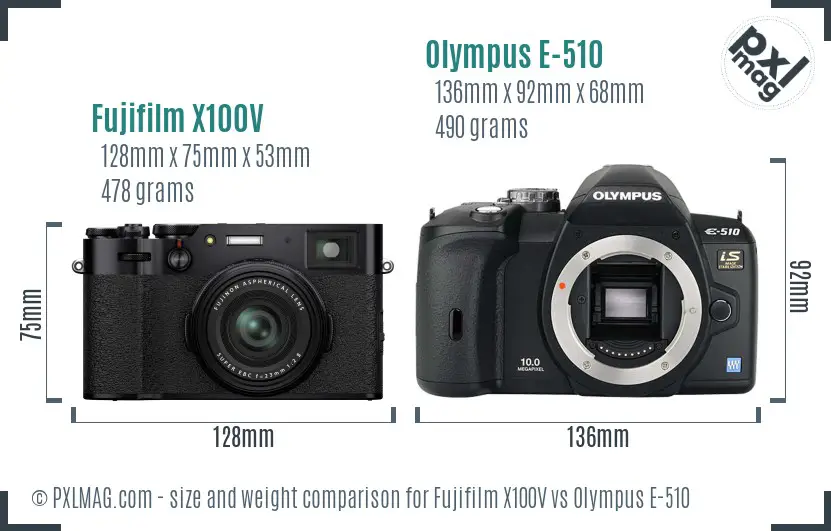 Fujifilm X100V vs Olympus E-510 size comparison Fujifilm X100V vs Olympus E-510 size comparison
