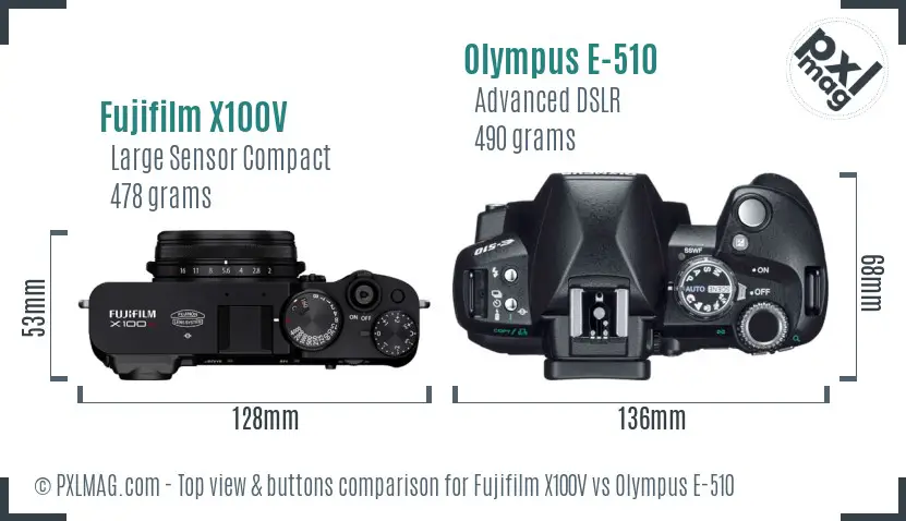 Fujifilm X100V vs Olympus E-510 top view buttons comparison