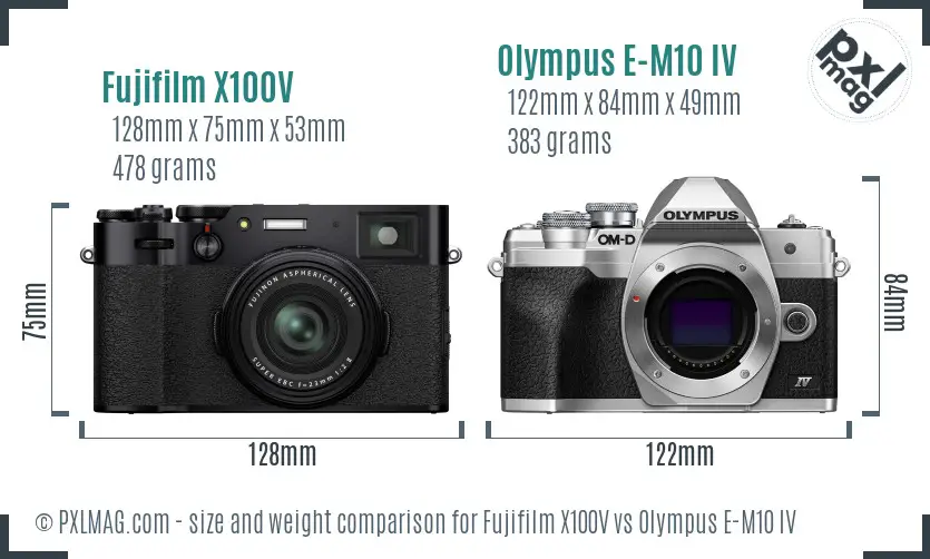 Fujifilm X100V vs Olympus E-M10 IV size comparison