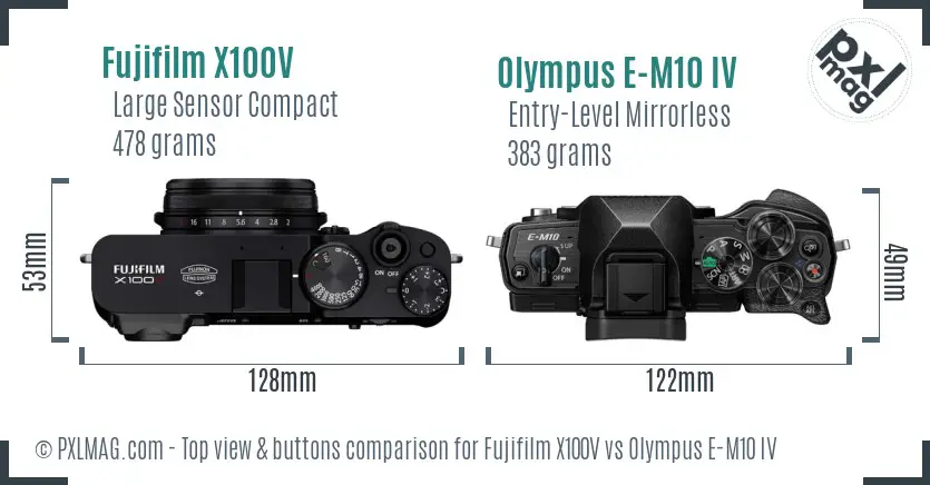 Fujifilm X100V vs Olympus E-M10 IV top view buttons comparison