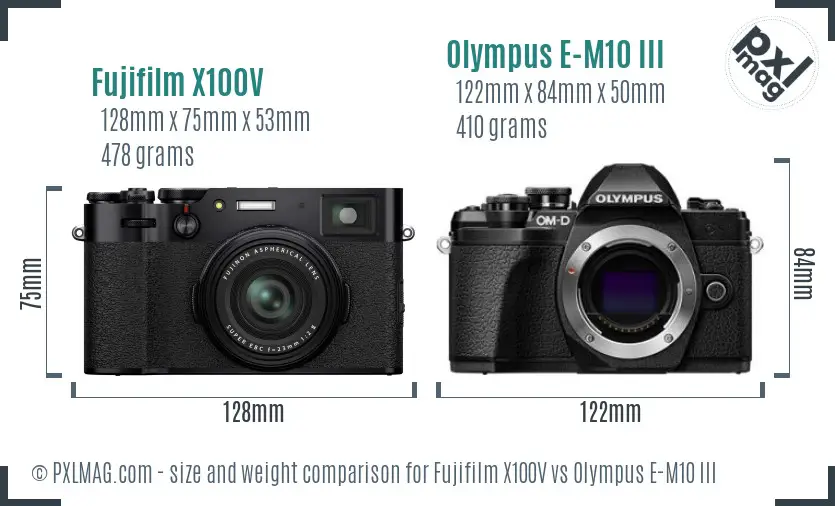 Fujifilm X100V vs Olympus E-M10 III size comparison Fujifilm X100V vs Olympus E-M10 III size comparison