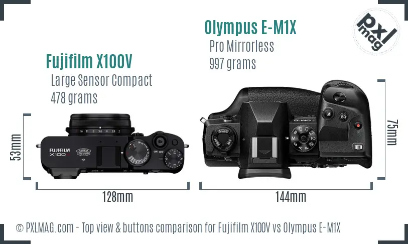Fujifilm X100V vs Olympus E-M1X top view buttons comparison