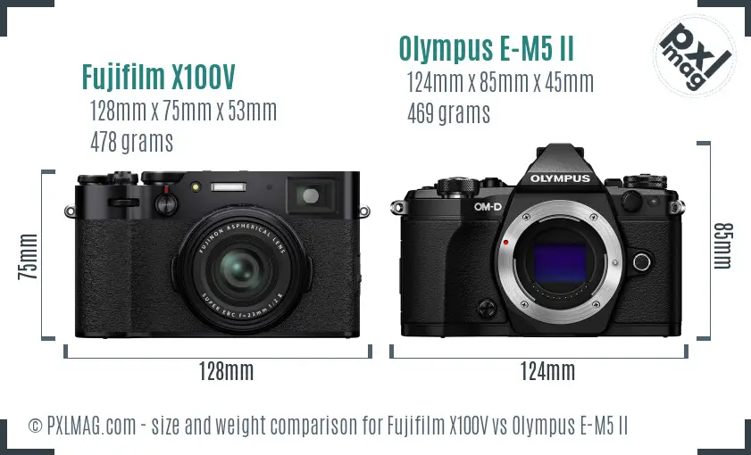 Fujifilm X100V vs Olympus E-M5 II size comparison