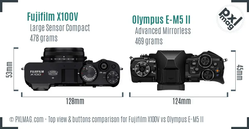 Fujifilm X100V vs Olympus E-M5 II top view buttons comparison