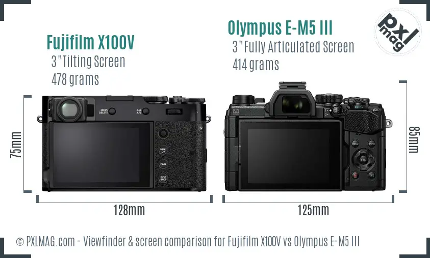 Fujifilm X100V vs Olympus E-M5 III Screen and Viewfinder comparison