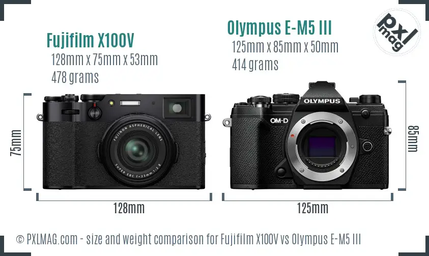 Fujifilm X100V vs Olympus E-M5 III size comparison