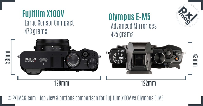 Fujifilm X100V vs Olympus E-M5 top view buttons comparison